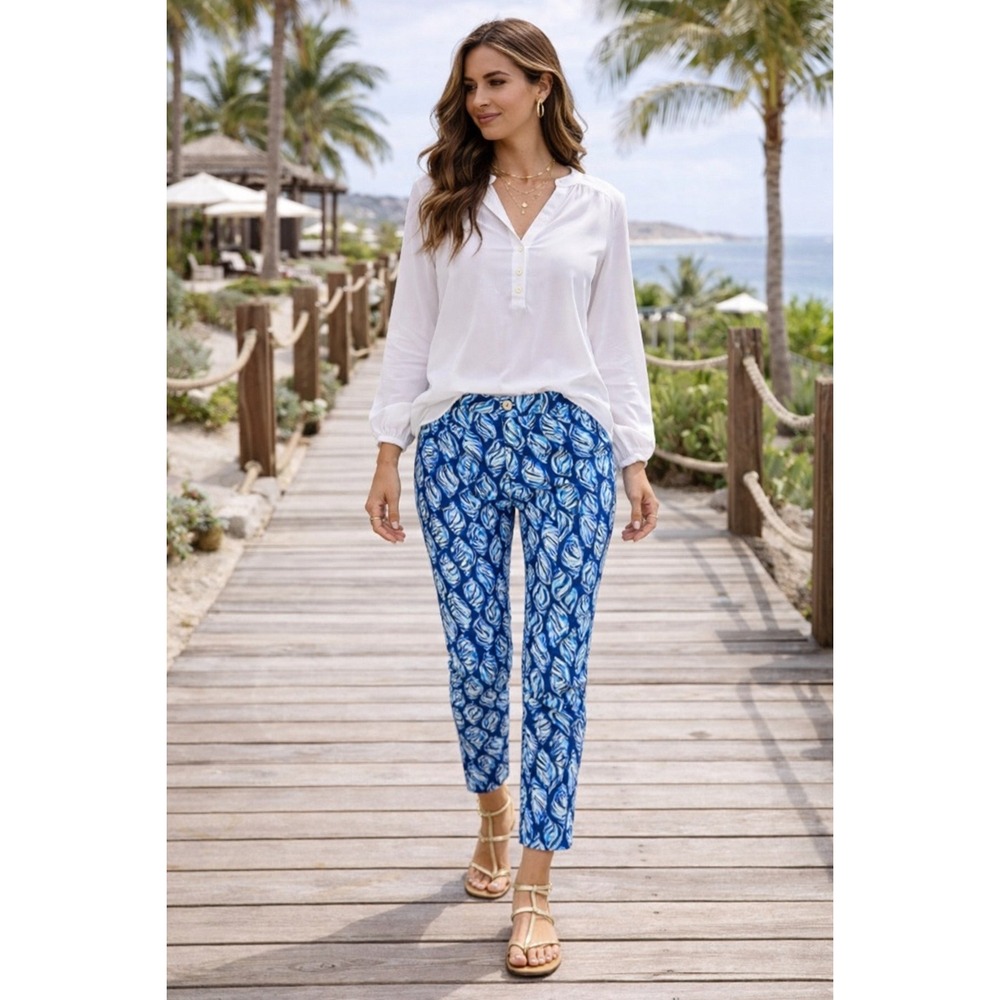 Lilly Pulitzer Kelani Stretch‎ Ankle Pants Shell Print Resort Coastal Blue 4